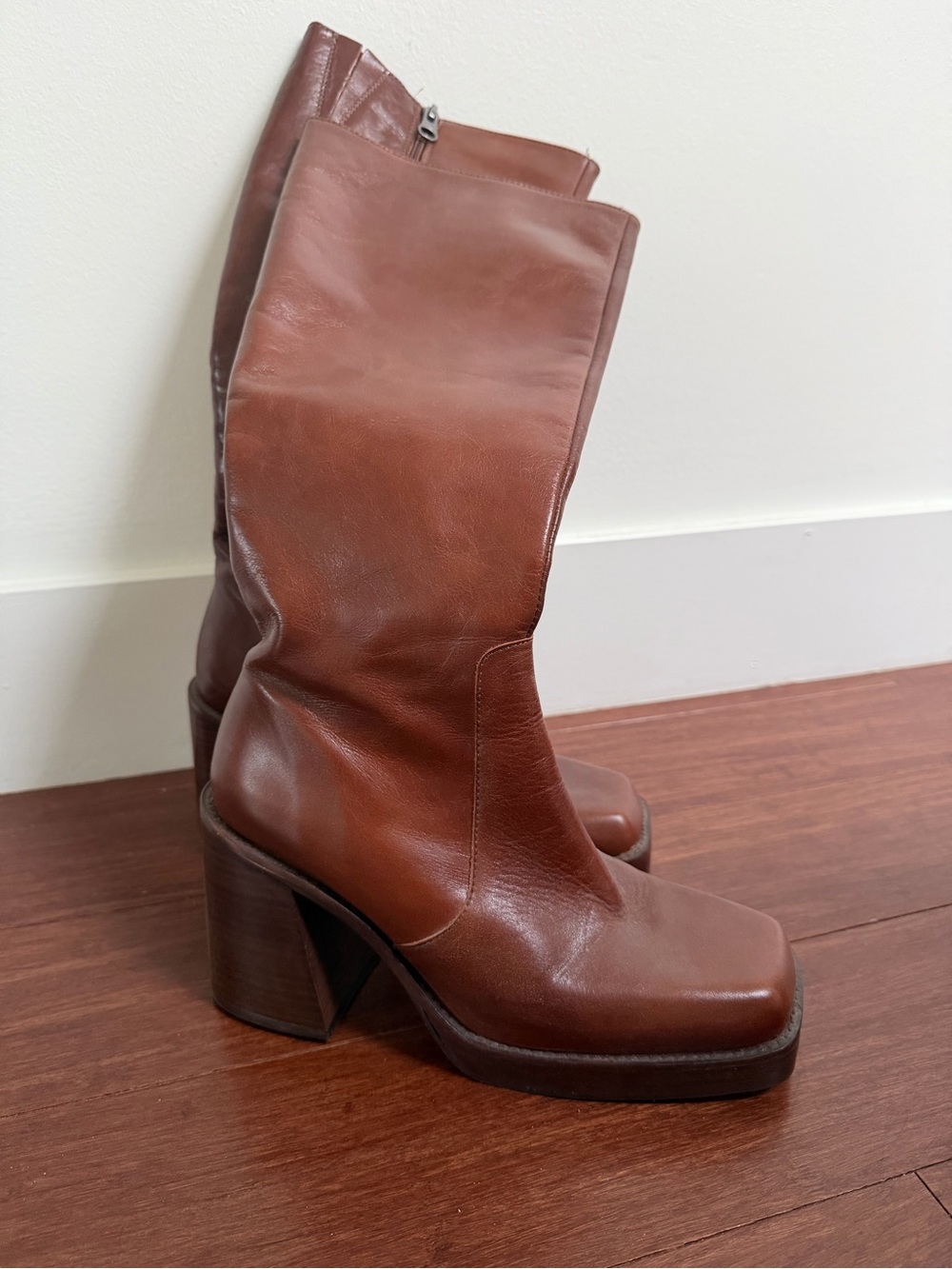 Brown Leather Mid-Calf Block Heel Boots